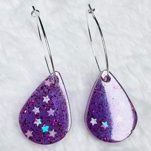 Purple Galaxy Glitter Resin Tear Drop Pendant Hoop Earrings